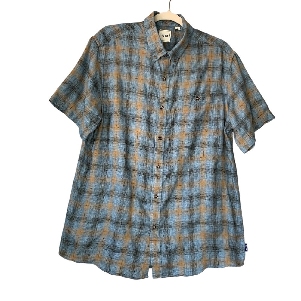 ROWM blue and tan cotton‎ blend plaid button down casual shirt. Size L